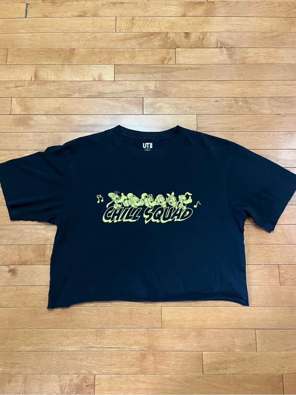 Uniqlo Black Crop Top with Lime Green Disney "Chill Squad" Graphic